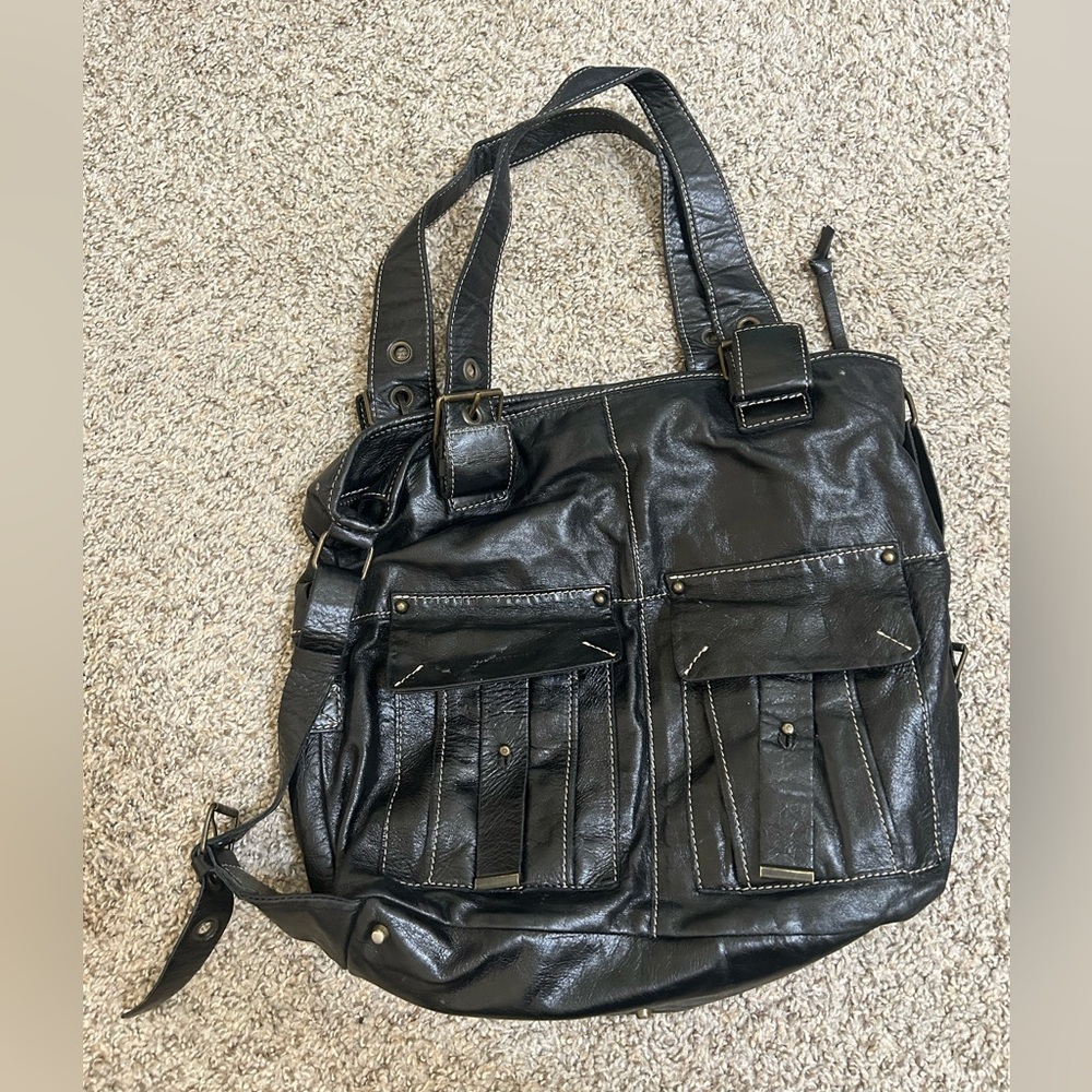 Francesco Biasia Leather Black Shoulder Bag Buckle Italy Zip Up Travel Studded